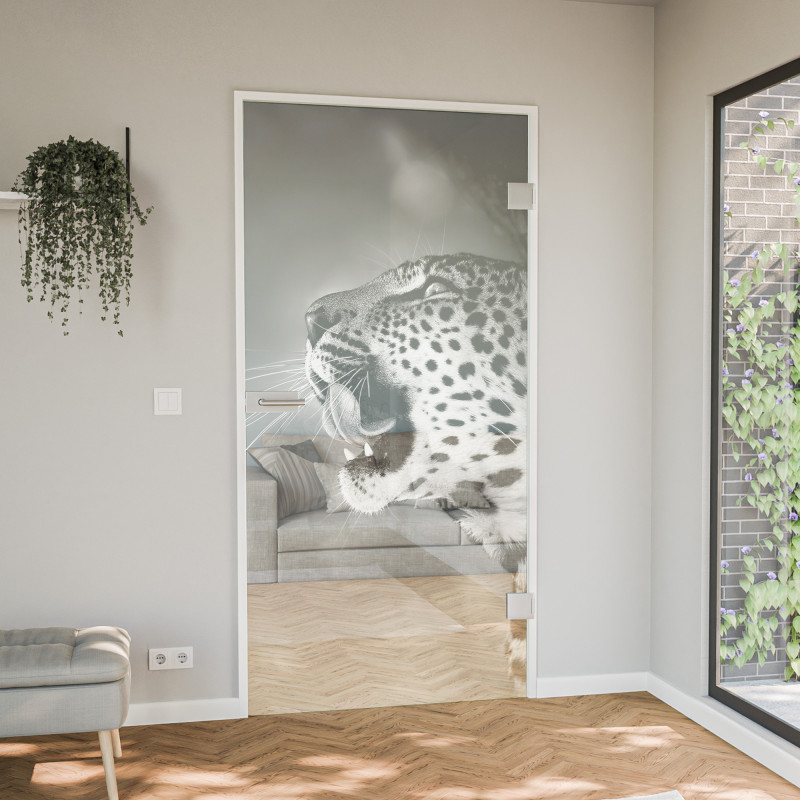 Glastür gelasert mit Motiv Leopard