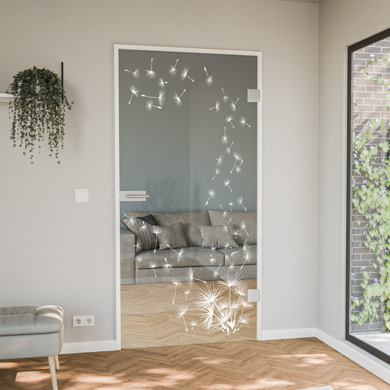 Glastür gelasert mit Motiv Pusteblume