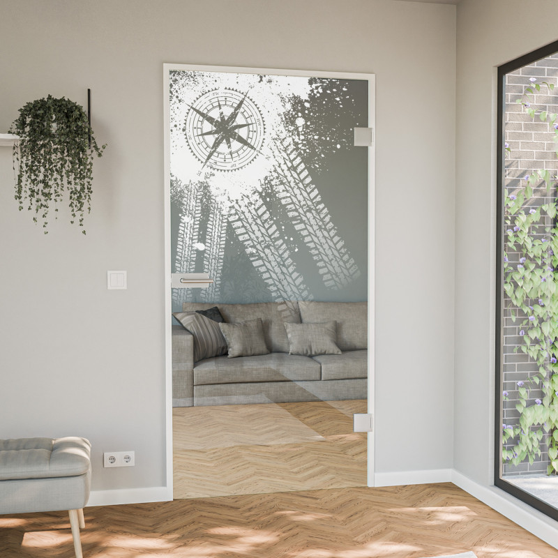 Glastür gelasert mit Motiv Kompass