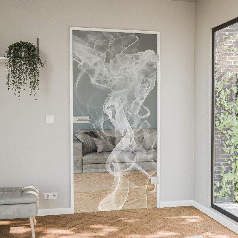Glastür gelasert mit Motiv Smoke