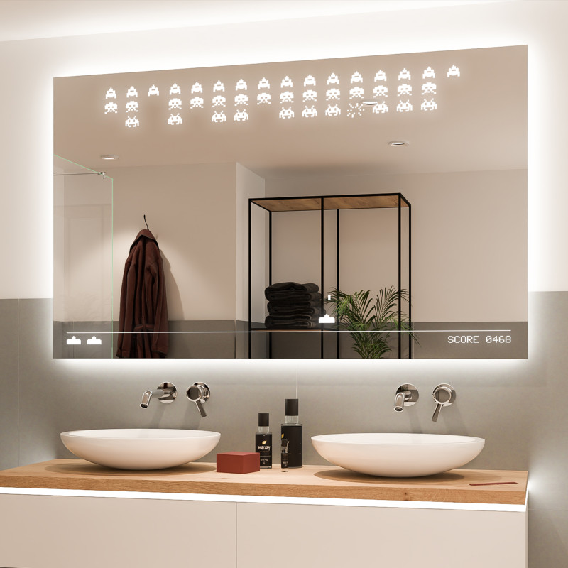 Ausgefallener LED-Badspiegel gelasert - Space Invaders