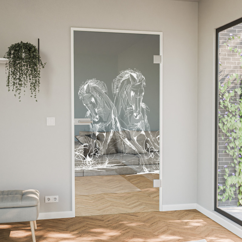 Glastür gelasert mit Motiv Horsepower