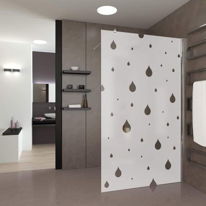 Walk In Dusche satiniert mit Motiv Tropfen Walk In Dusche satiniert mit Motiv Tropfen