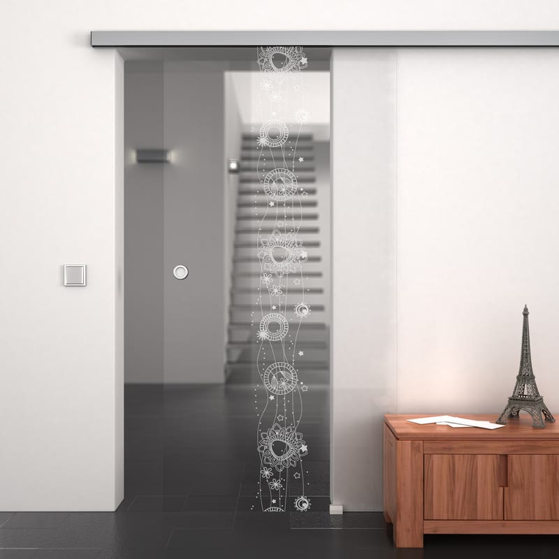 Glasschiebetür gelasert mit Motiv Blumenkette Glasschiebetür gelasert mit Motiv Blumenkette