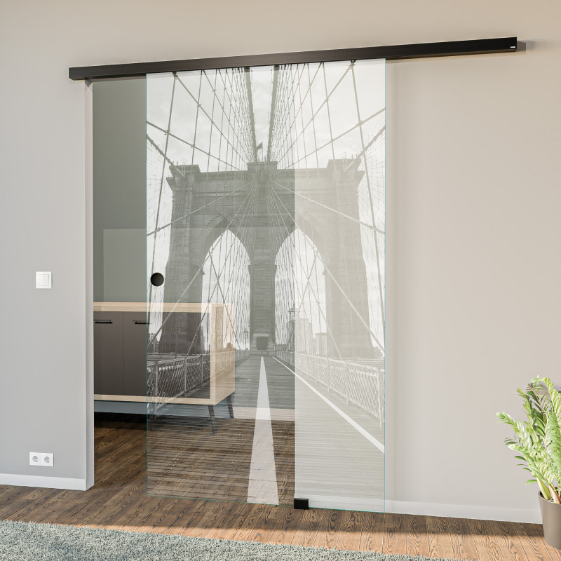 Glasschiebetür gelasert mit Motiv Brooklyn Bridge