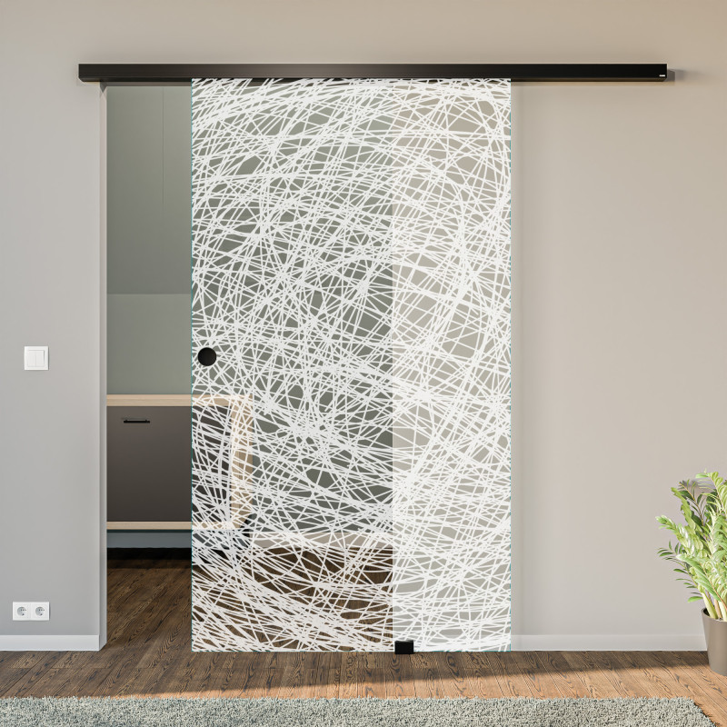 Glasschiebetür gelasert mit Motiv Chaos Glasschiebetür gelasert mit Motiv Chaos