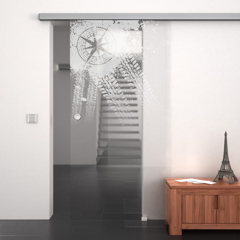 Glasschiebetür gelasert mit Motiv Kompass