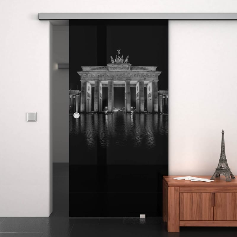 Glasschiebetür lackiert mit Lasermotiv Brandenburger Tor