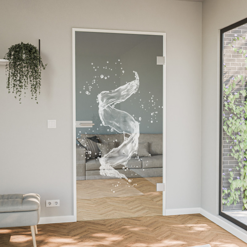 Glastür gelasert mit Motiv Refreshment