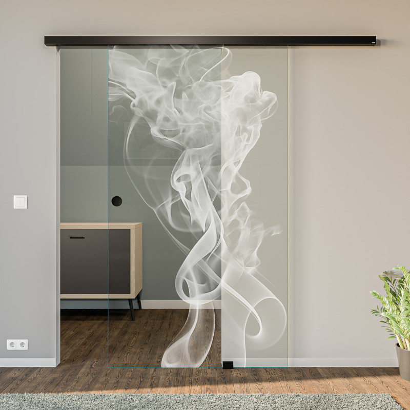 Glasschiebetür gelasert mit Motiv Smoke