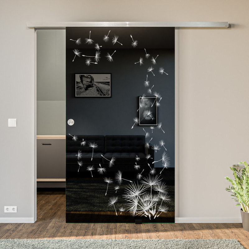 Glasschiebetür lackiert mit Lasermotiv Pusteblume