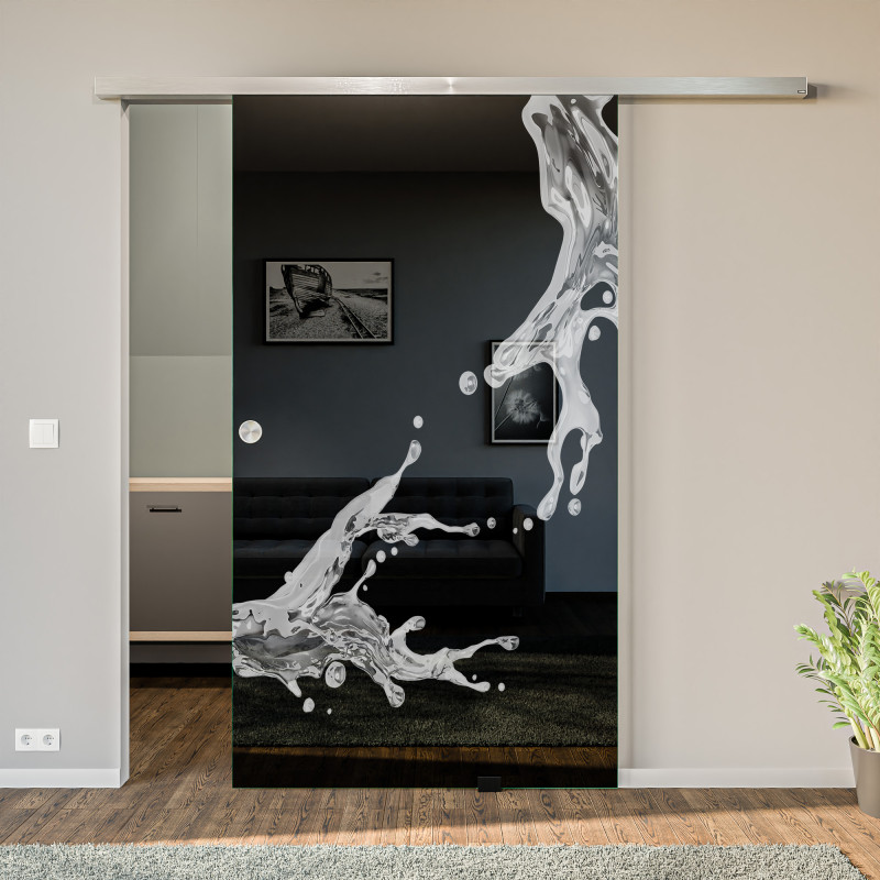 Glasschiebetür lackiert mit Lasermotiv Splashing