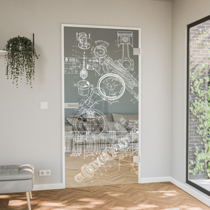 Glastür gelasert mit Motiv Technisch Glastür gelasert mit Motiv Technisch