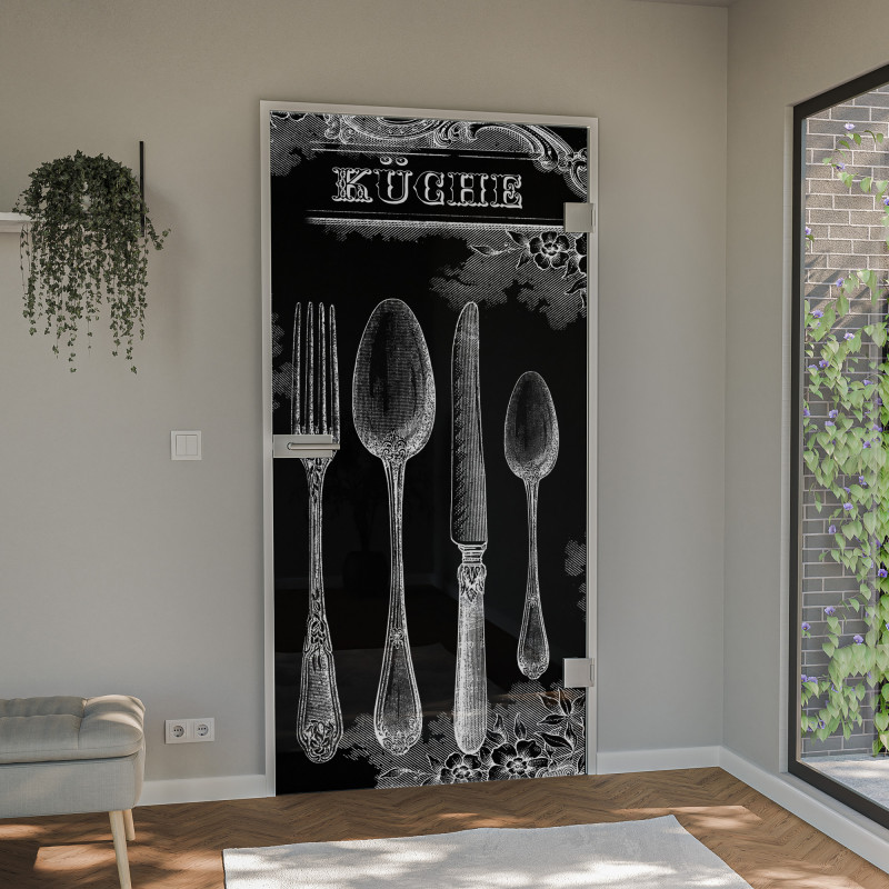Glastür lackiert mit Lasermotiv Retro Küche Glastür lackiert mit Lasermotiv Retro Küche