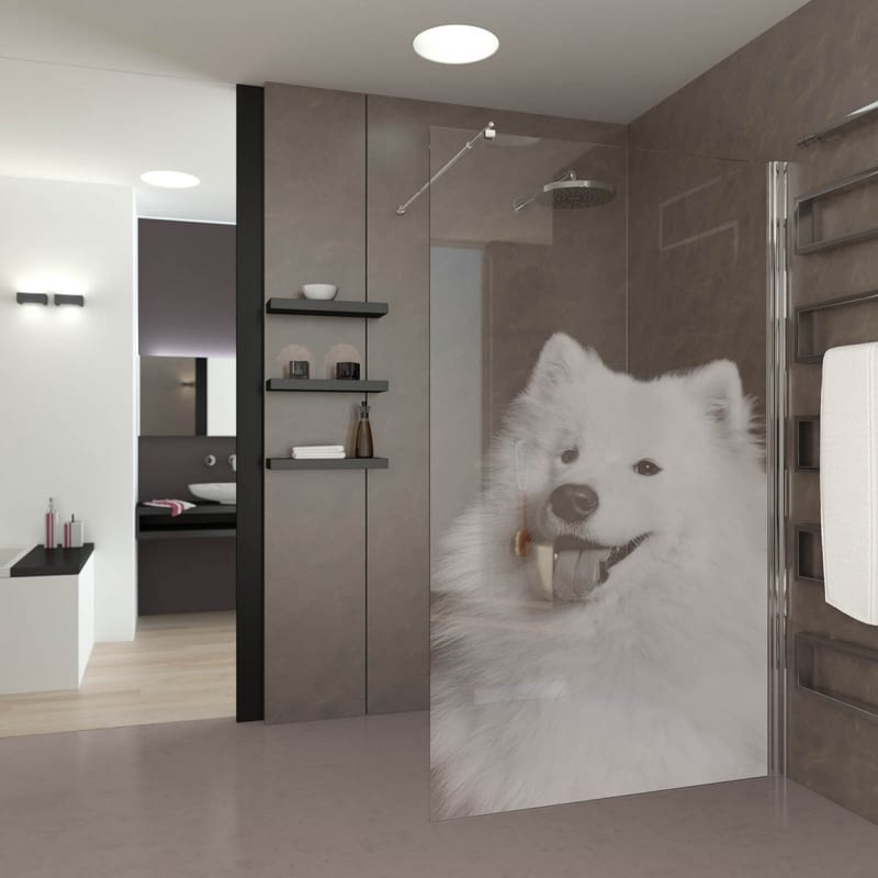 Walk In Dusche gelasert mit Motiv Bello Walk In Dusche gelasert mit Motiv Bello