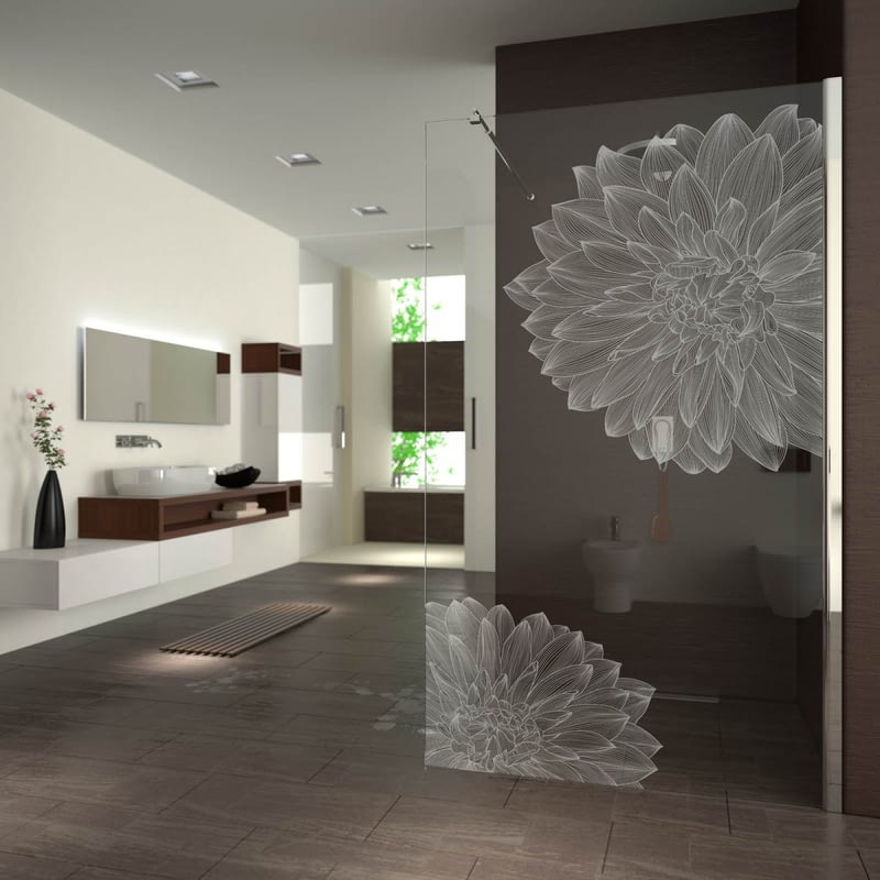 Walk In Dusche gelasert mit Motiv Blüten