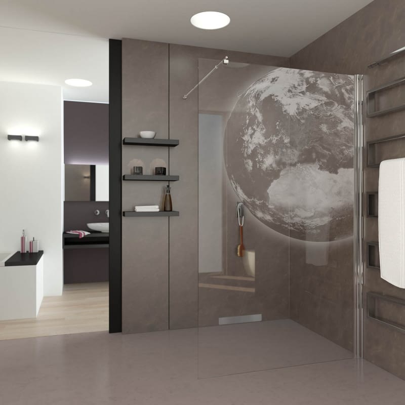 Walk In Dusche gelasert mit Motiv Erde Walk In Dusche gelasert mit Motiv Erde