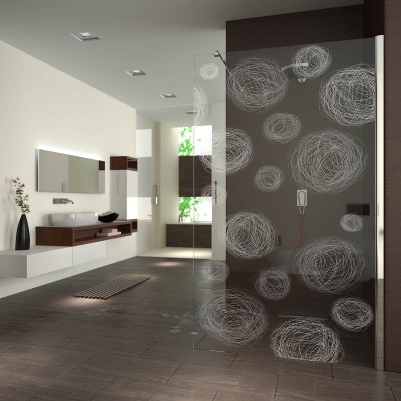 Walk In Dusche gelasert mit Motiv gezeichnete Kugeln Walk In Dusche gelasert mit Motiv gezeichnete Kugeln