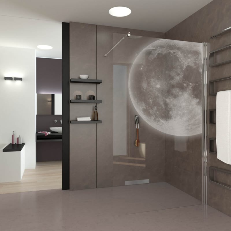 Walk In Dusche gelasert mit Motiv Mond Walk In Dusche gelasert mit Motiv Mond