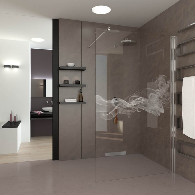 Walk In Dusche gelasert mit Motiv Smoke2 Walk In Dusche gelasert mit Motiv Smoke2