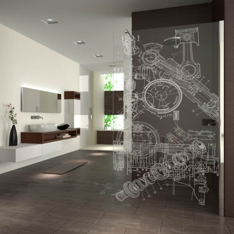 Walk In Dusche gelasert mit Motiv Technisch