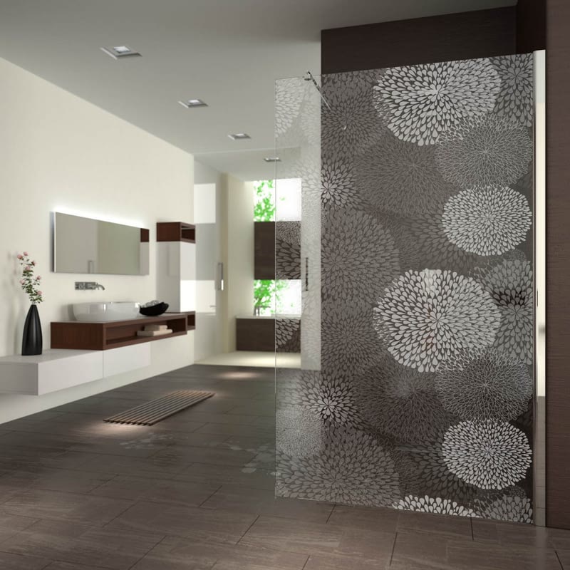 Walk In Dusche gelasert mit Motiv Wasserperlen Walk In Dusche gelasert mit Motiv Wasserperlen