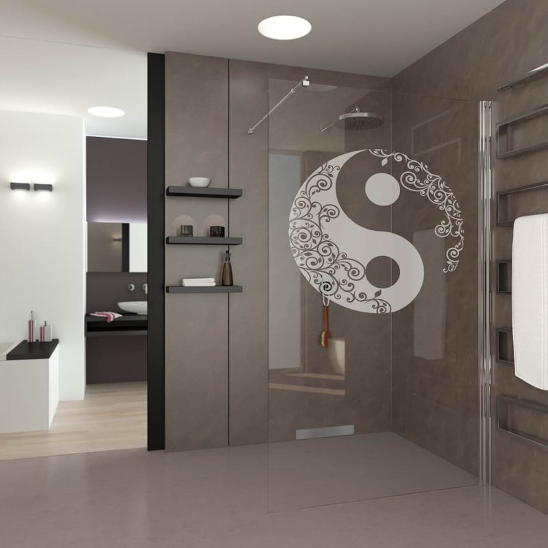 Walk In Dusche gelasert mit Motiv YinYang Walk In Dusche gelasert mit Motiv YinYang