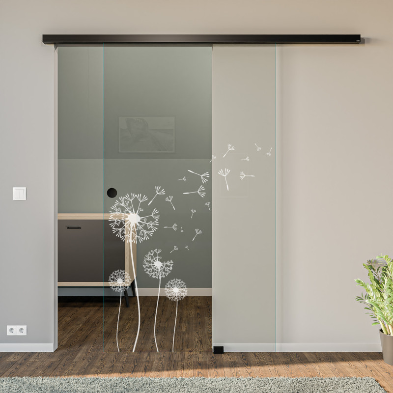 Glasschiebetür gelasert mit Motiv Maskros