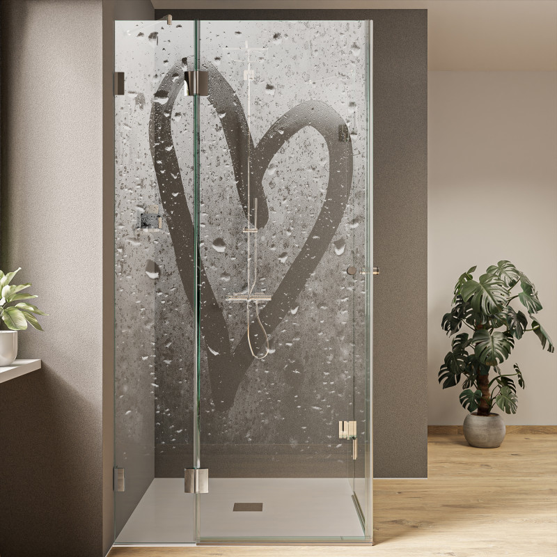 Duschkabine aus Glas mit Motiv Steamy Heart (Eckeinstieg)