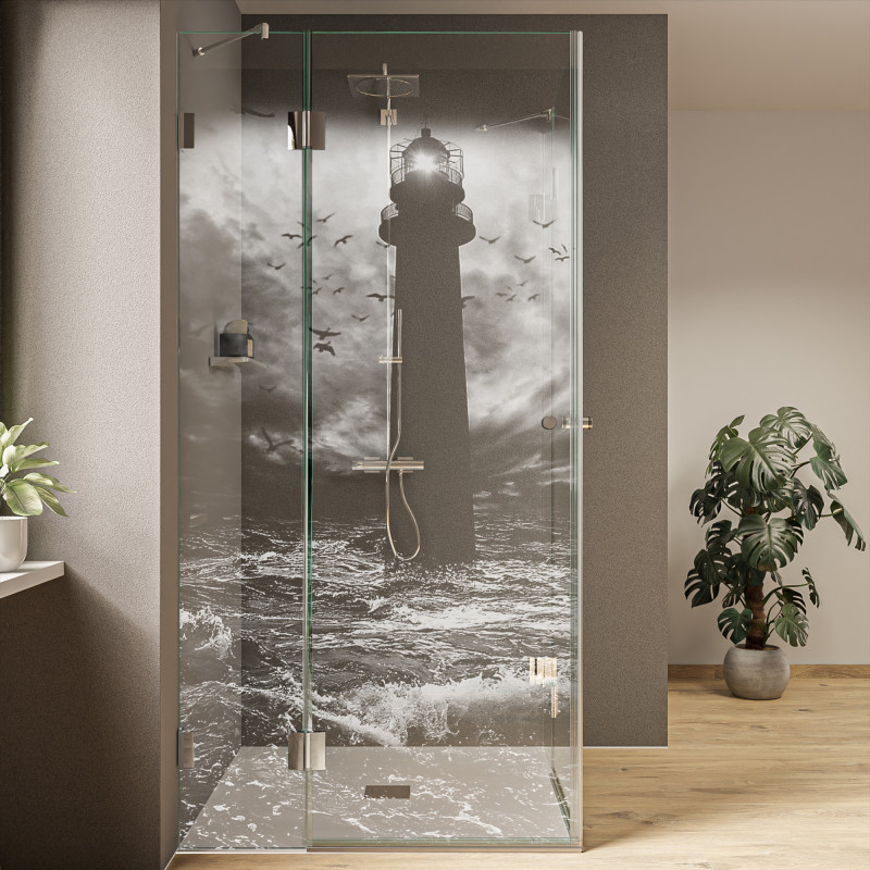 Glas Duschkabine mit Laser-Motiv Norden (Eckeinstieg)