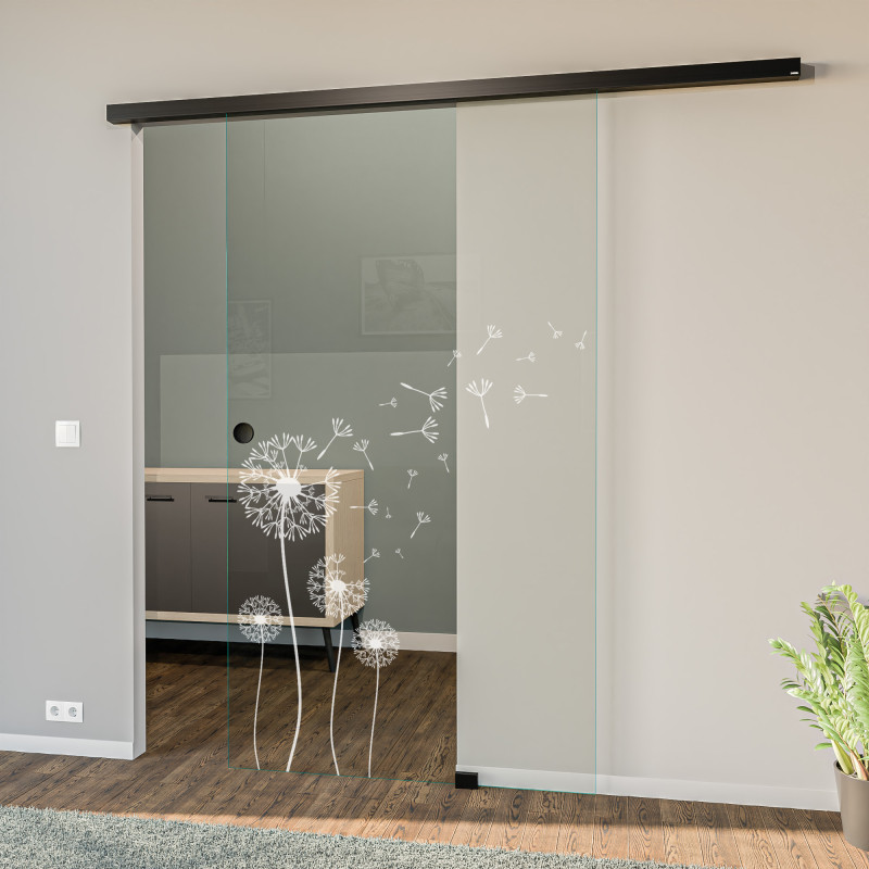 Glasschiebetür gelasert mit Motiv Löwenzahn Glasschiebetür gelasert mit Motiv Löwenzahn