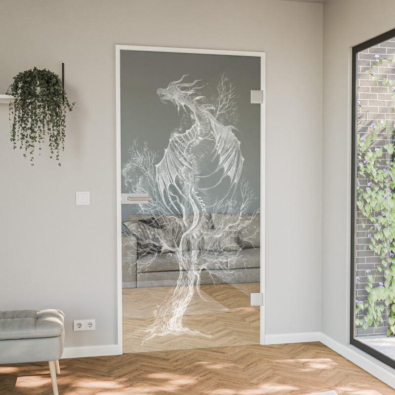 Glastür gelasert mit Motiv Drache Glastür gelasert mit Motiv Drache