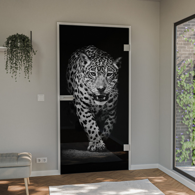 Glastür lackiert mit Lasermotiv Jaguar