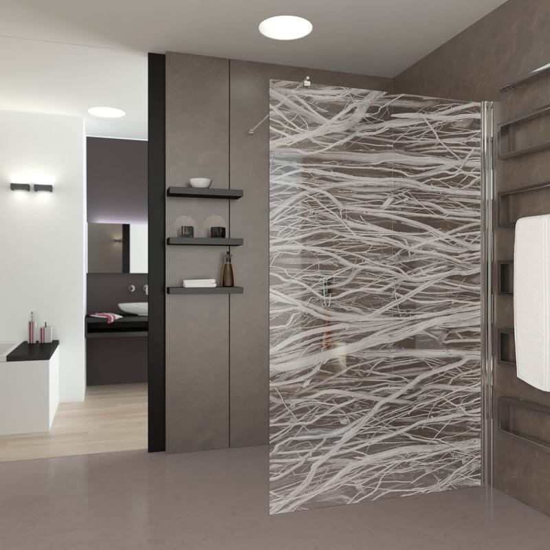 Walk In Dusche gelasert mit Motiv Äste Walk In Dusche gelasert mit Motiv Äste