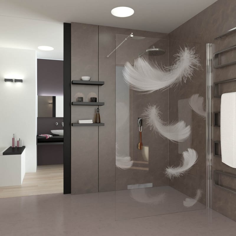 Walk In Dusche gelasert mit Motiv Fallende Federn Walk In Dusche gelasert mit Motiv Fallende Federn