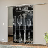 Glasschiebetür lackiert mit Lasermotiv Retro Küche Glasschiebetür lackiert mit Lasermotiv Retro Küche